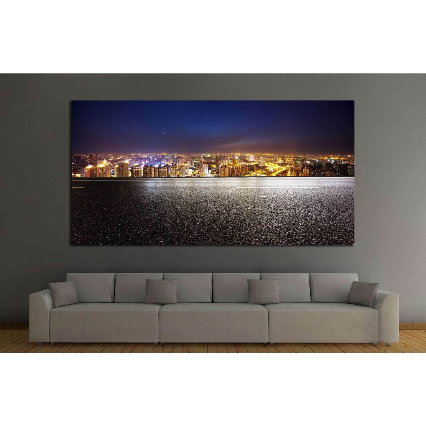 Empty asphalt road and modern skyline at night №1433 Ready to Hang Canvas Print - Zellart Canvas Prints ALL_Products, s-1433