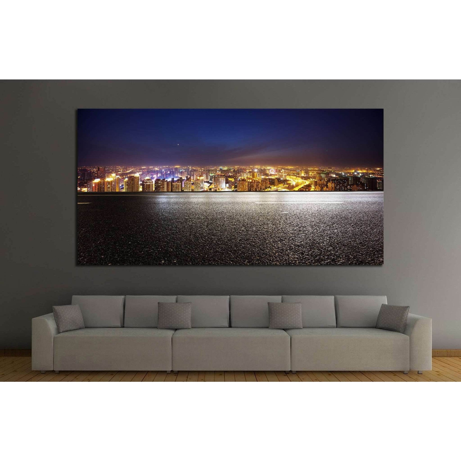 Empty asphalt road and modern skyline at night №1433 Ready to Hang Canvas Print - Zellart Canvas Prints ALL_Products, s-1433