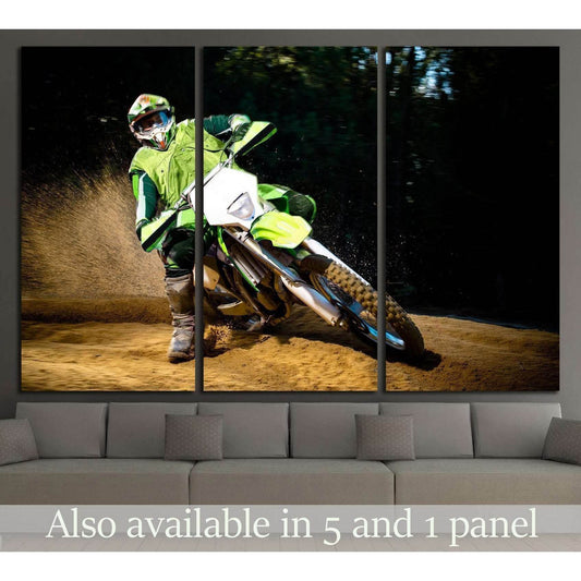 Enduro bike rider on action. Turn on sand terrain. №2477 Ready to Hang Canvas Print - Zellart Canvas Prints ALL_Products, s-2477