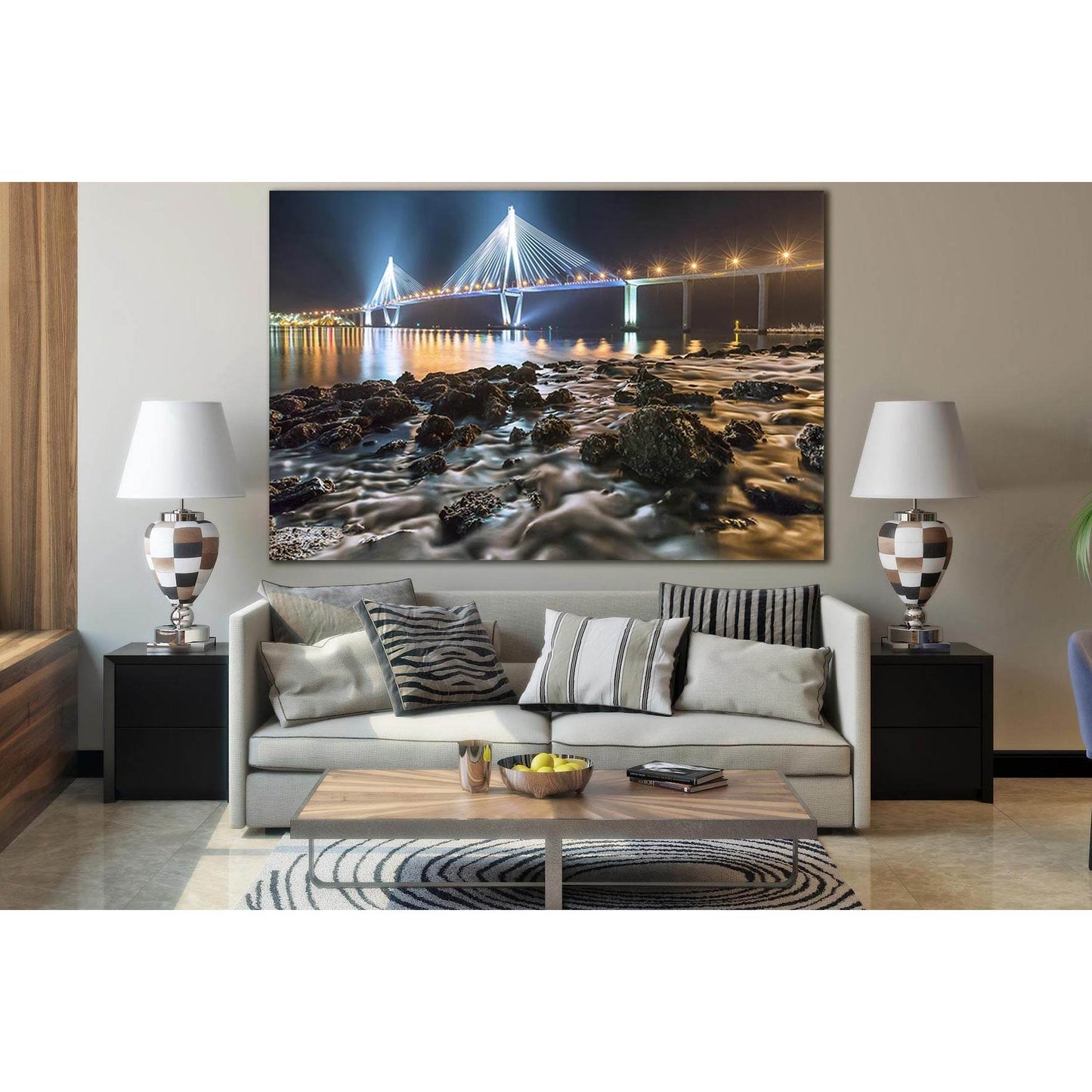 England Coast Bridge At Night №SL1137 Ready to Hang Canvas Print - Zellart Canvas Prints 0new, ALL_Products, Bridges Wall Art
