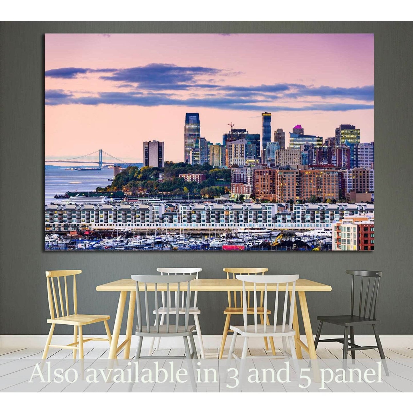 Jersey City skyline canvas print with pink sunset sky above the waterfront, displayed in a modern dining room