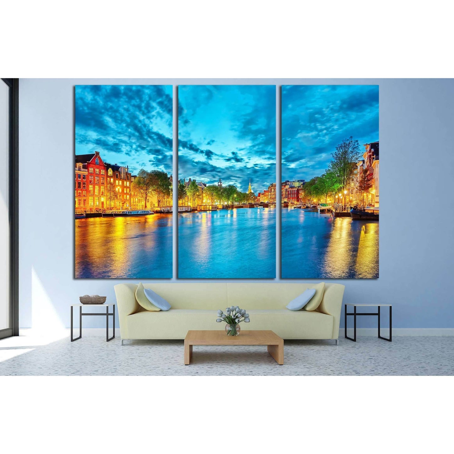 Famous Amstel river and night view of beautiful Amsterdam city. Netherlands №3031 Ready to Hang Canvas Print - Zellart Canvas Prints ALL_Products, s-3031