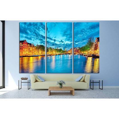Famous Amstel river and night view of beautiful Amsterdam city. Netherlands №3031 Ready to Hang Canvas Print - Zellart Canvas Prints ALL_Products, s-3031