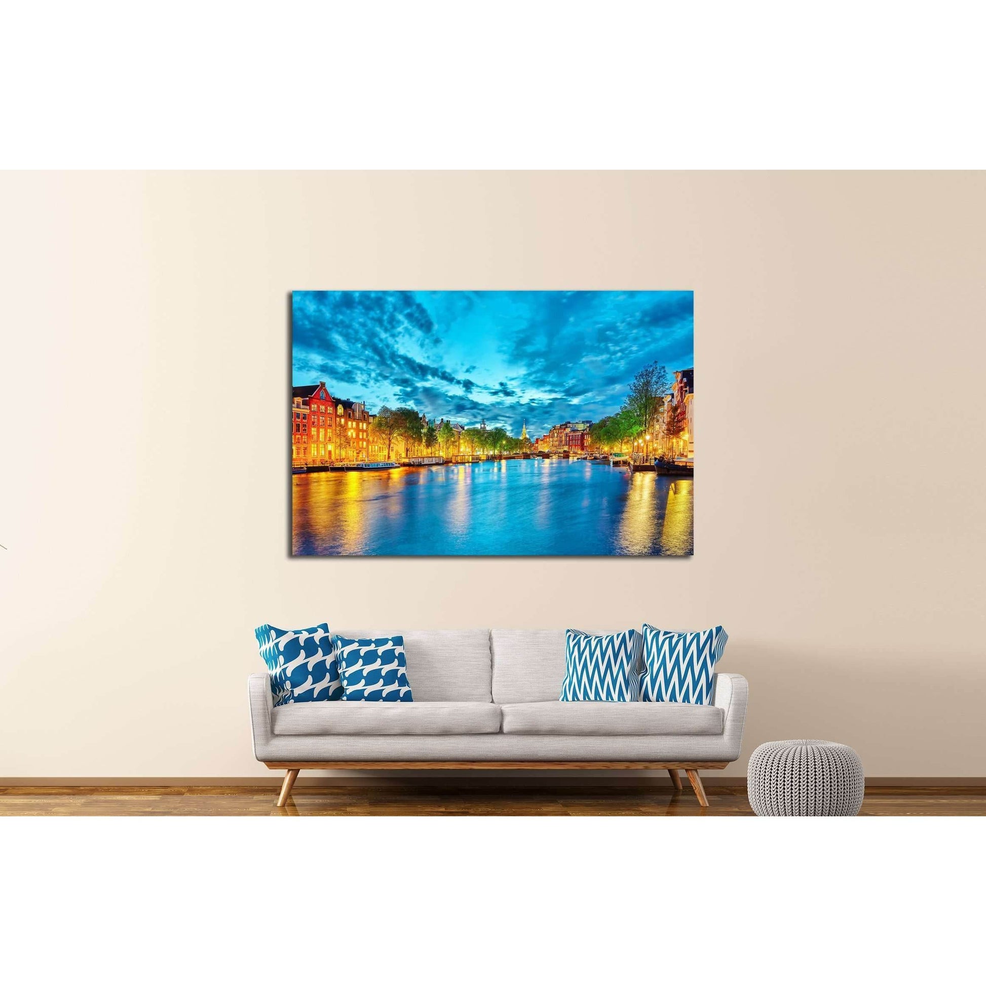 Famous Amstel river and night view of beautiful Amsterdam city. Netherlands №3031 Ready to Hang Canvas Print - Zellart Canvas Prints ALL_Products, s-3031