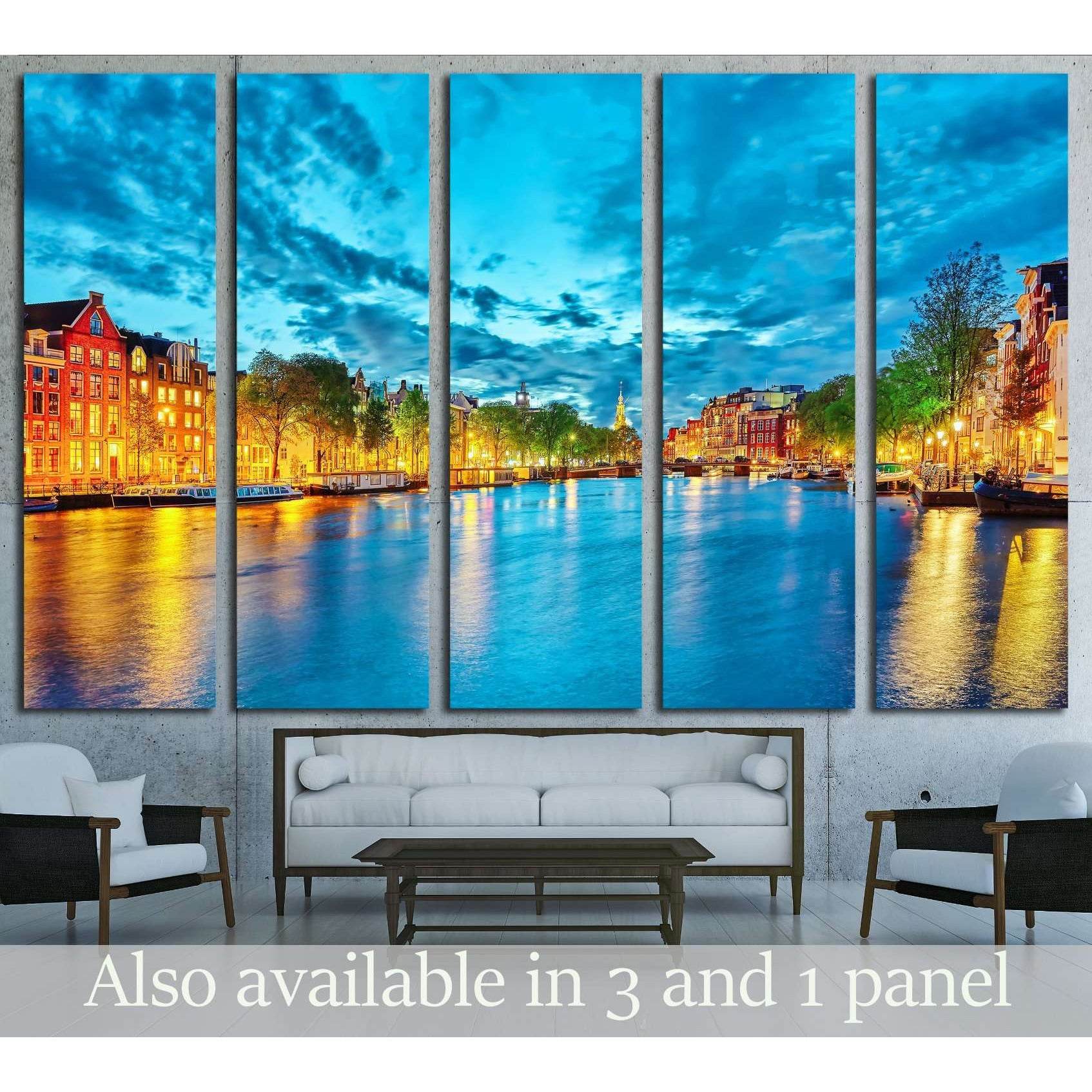 Famous Amstel river and night view of beautiful Amsterdam city. Netherlands №3031 Ready to Hang Canvas PrintCanvas art arrives ready to hang, with hanging accessories included and no additional framing required. Every canvas print is hand-crafted, made on