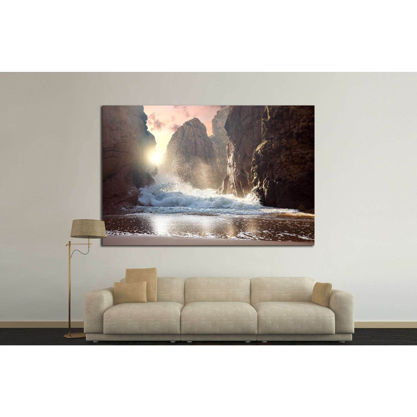 Fantastic big rocks and ocean waves at sundown time №1400 Ready to Hang Canvas Print - Zellart Canvas Prints ALL_Products, s-1400