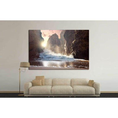 Fantastic big rocks and ocean waves at sundown time №1400 Ready to Hang Canvas Print - Zellart Canvas Prints ALL_Products, s-1400