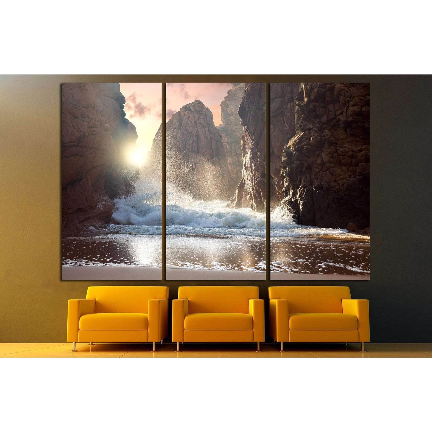 Fantastic big rocks and ocean waves at sundown time №1400 Ready to Hang Canvas Print - Zellart Canvas Prints ALL_Products, s-1400