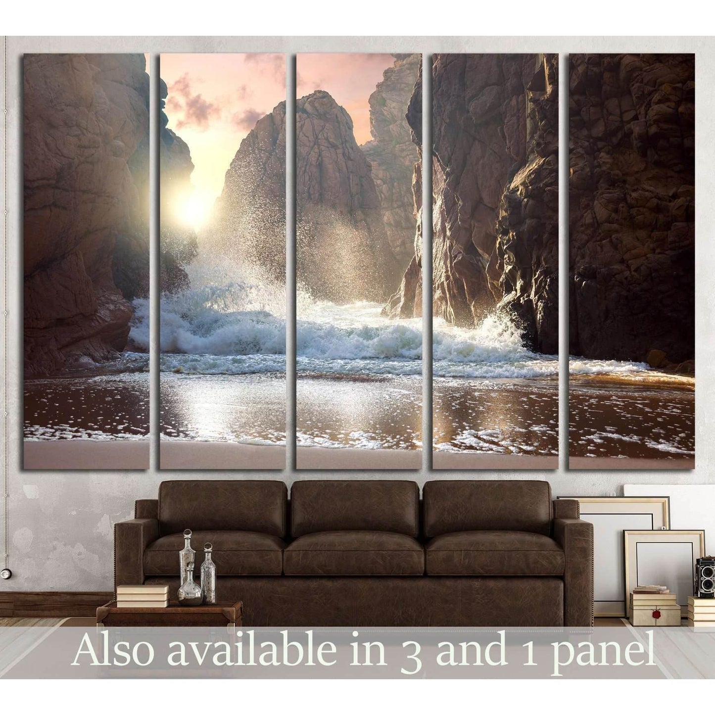 Fantastic big rocks and ocean waves at sundown time №1400 Ready to Hang Canvas Print - Zellart Canvas Prints ALL_Products, s-1400