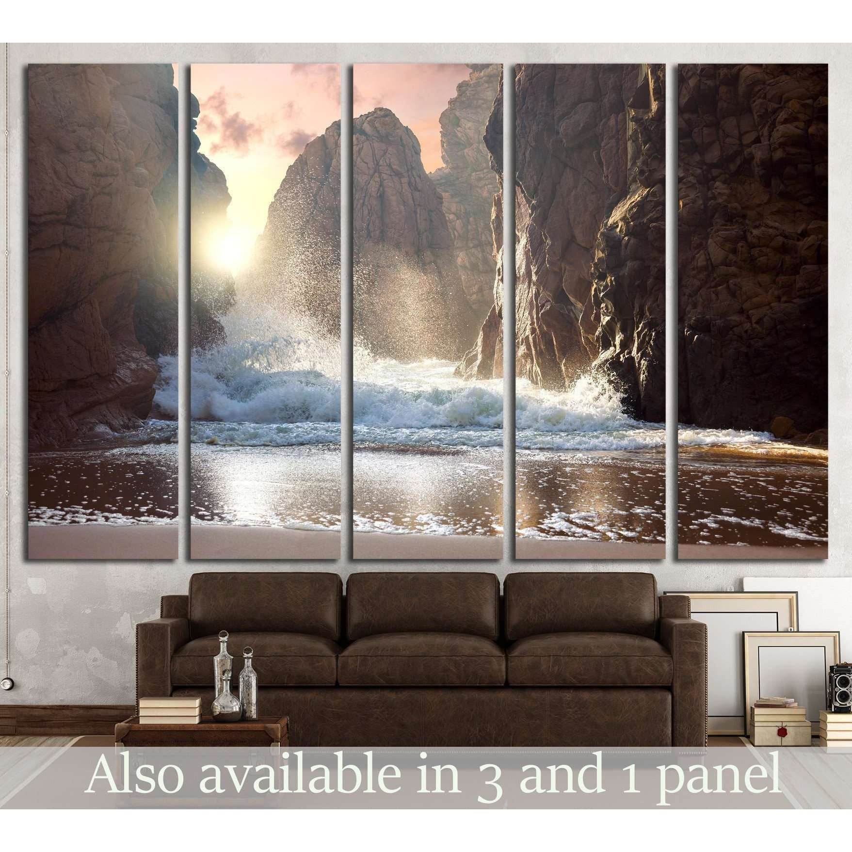 Fantastic big rocks and ocean waves at sundown time №1400 Ready to Hang Canvas Print - Zellart Canvas Prints ALL_Products, s-1400