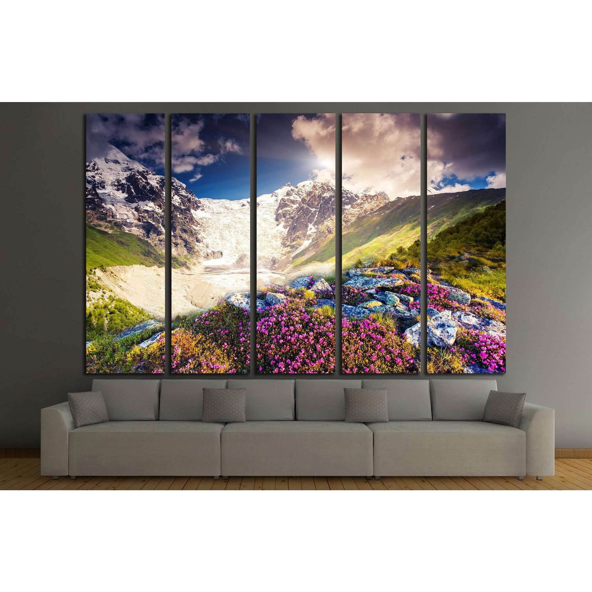 Fantastic colorful sunset and bloom rhododendron at the foot of Tetnuldi №1967 Ready to Hang Canvas Print