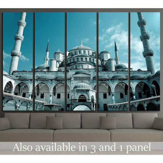 Blue Mosque canvas print in Istanbul displayed as multi-panel wall art above a sofa