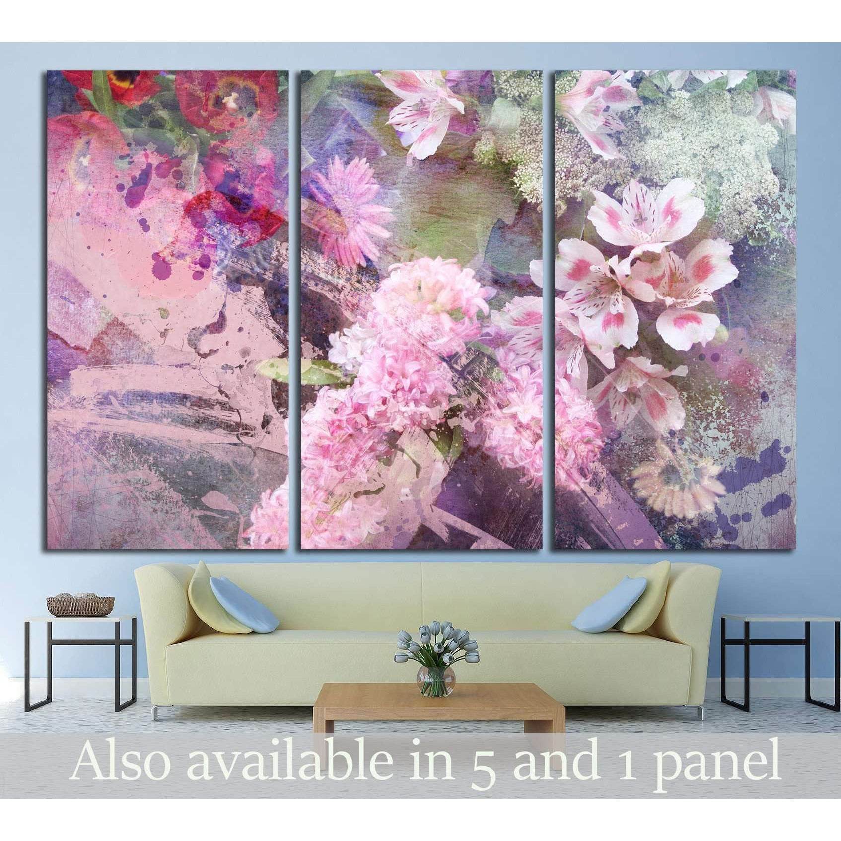 field flowers on paper texture, floral grunge №1347 Ready to Hang Canvas Print
