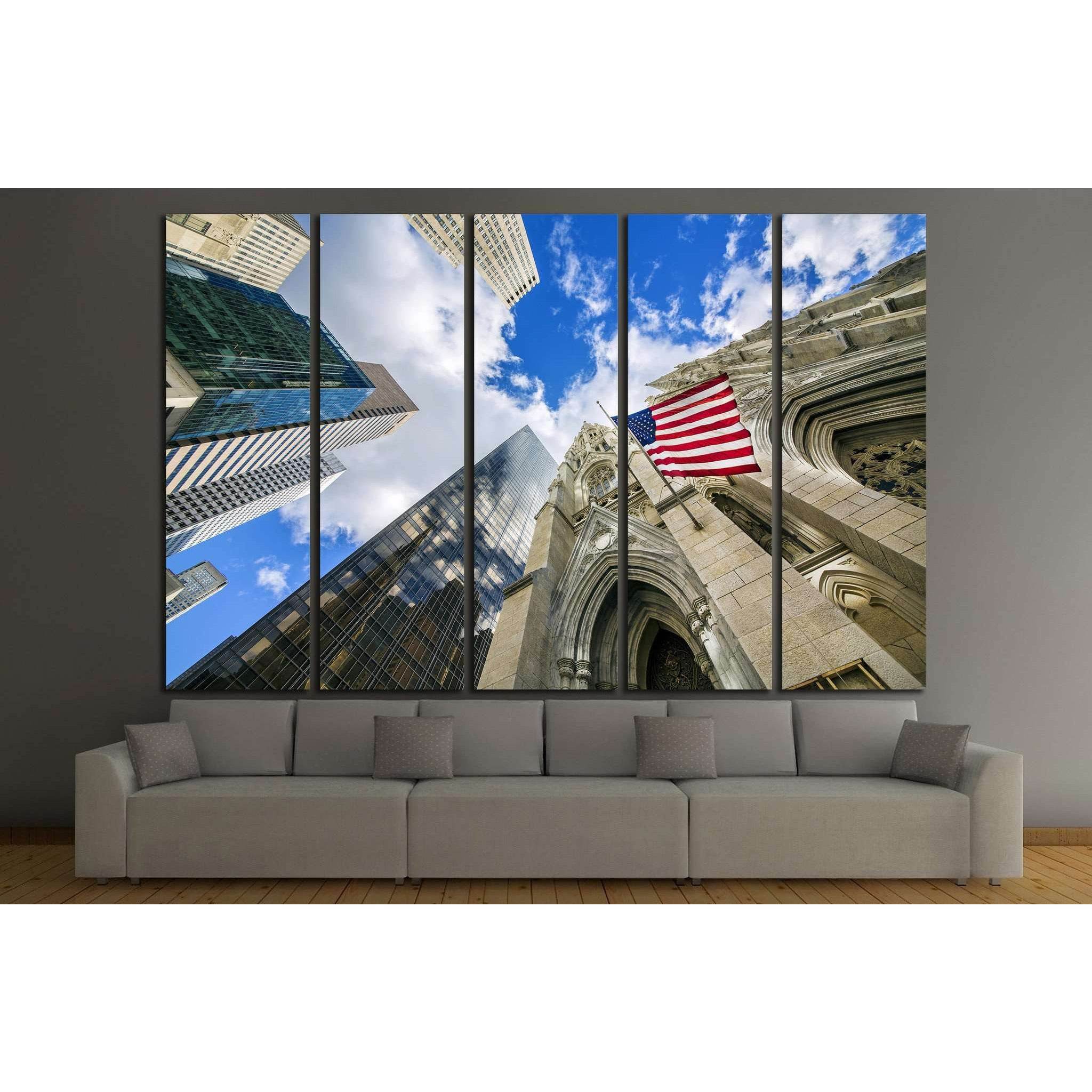 Flag USA on St Patrick's Cathedral, Midtown Skyscrapers, Manhattan, New York №1296 Ready to Hang Canvas Print