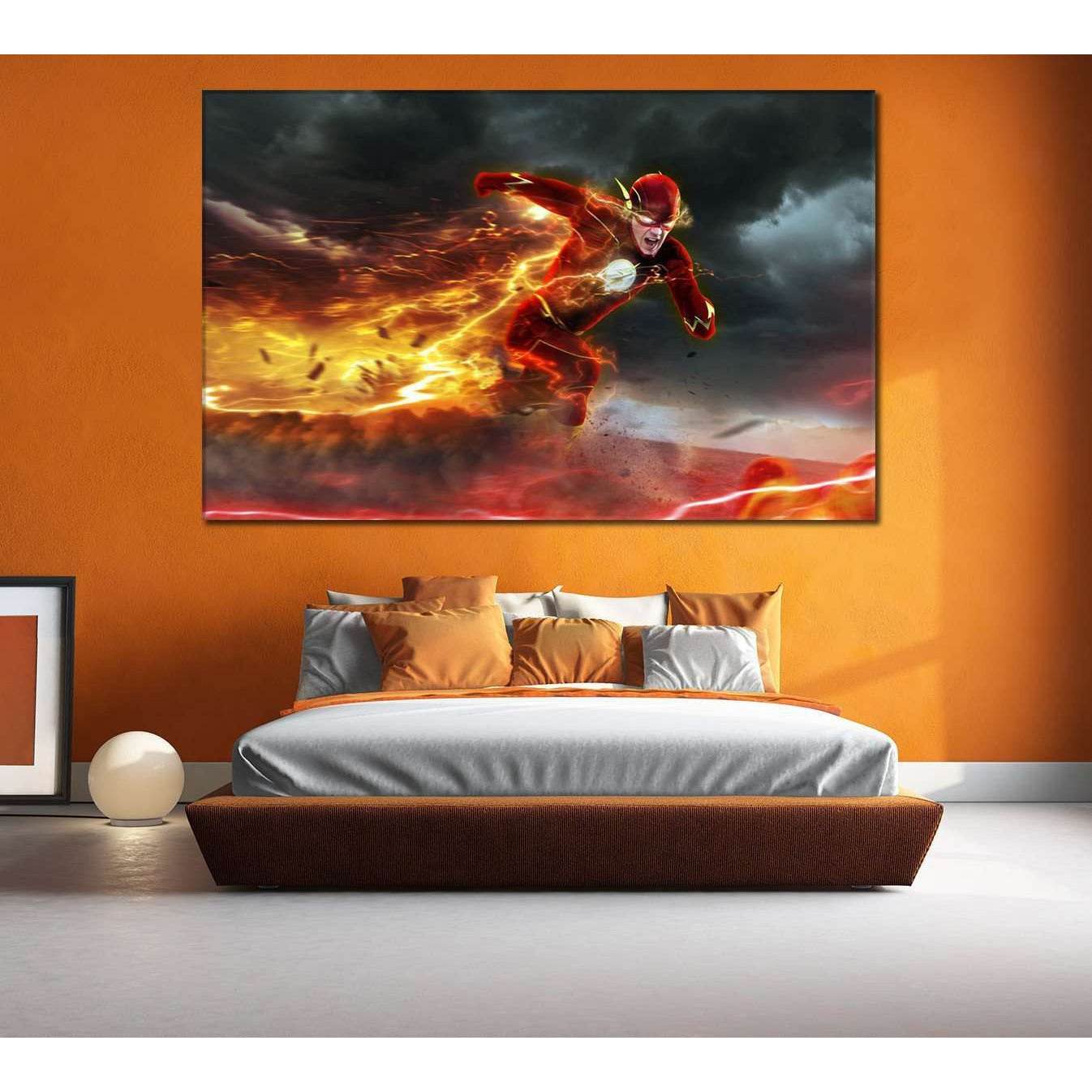 Flash Barry Allen canvas print showing the red-suited speedster sprinting through fiery lightning and storm clouds, hung above a bed in a modern orange bedroom