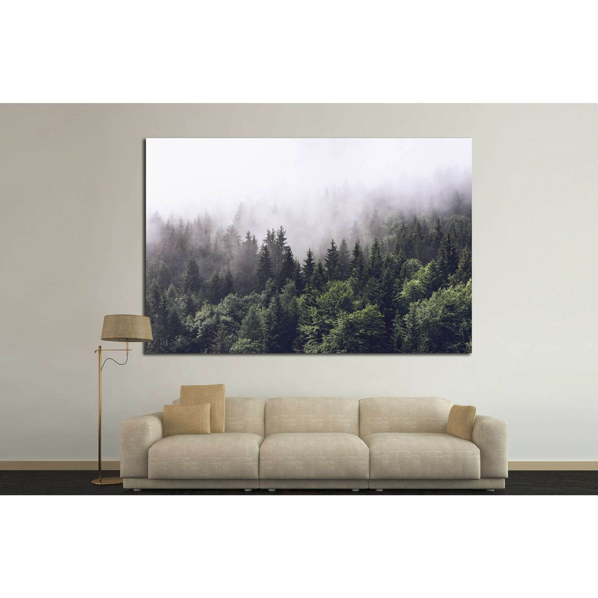 Misty Forest Panorama: Triptych Canvas ArtThis canvas print triptych presents a lush evergreen forest veiled in fog, offering a sense of mystery and natural beauty. As wall decor, it creates a continuous panoramic view, making it an impactful wall art cho