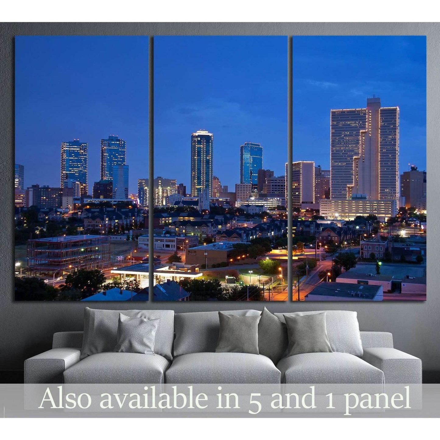 Fort Worth Texas skyline triptych canvas print above a sofa in a modern living room at night