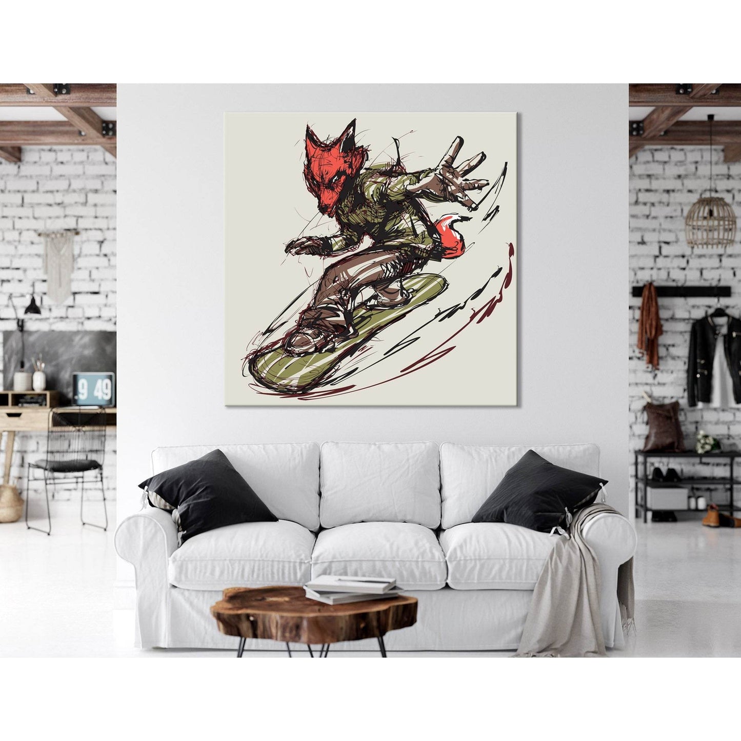Fox On The Snowboard, Winter Sport №04426 Ready To Hang Canvas Print - Zellart Canvas Prints ALL_Products