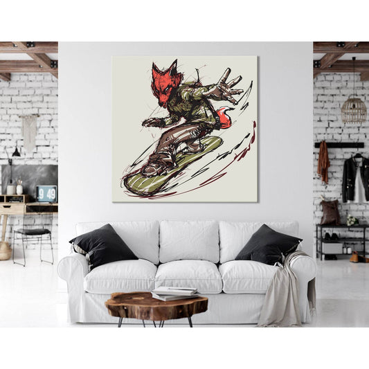 Fox On The Snowboard, Winter Sport №04426 Ready To Hang Canvas Print - Zellart Canvas Prints ALL_Products