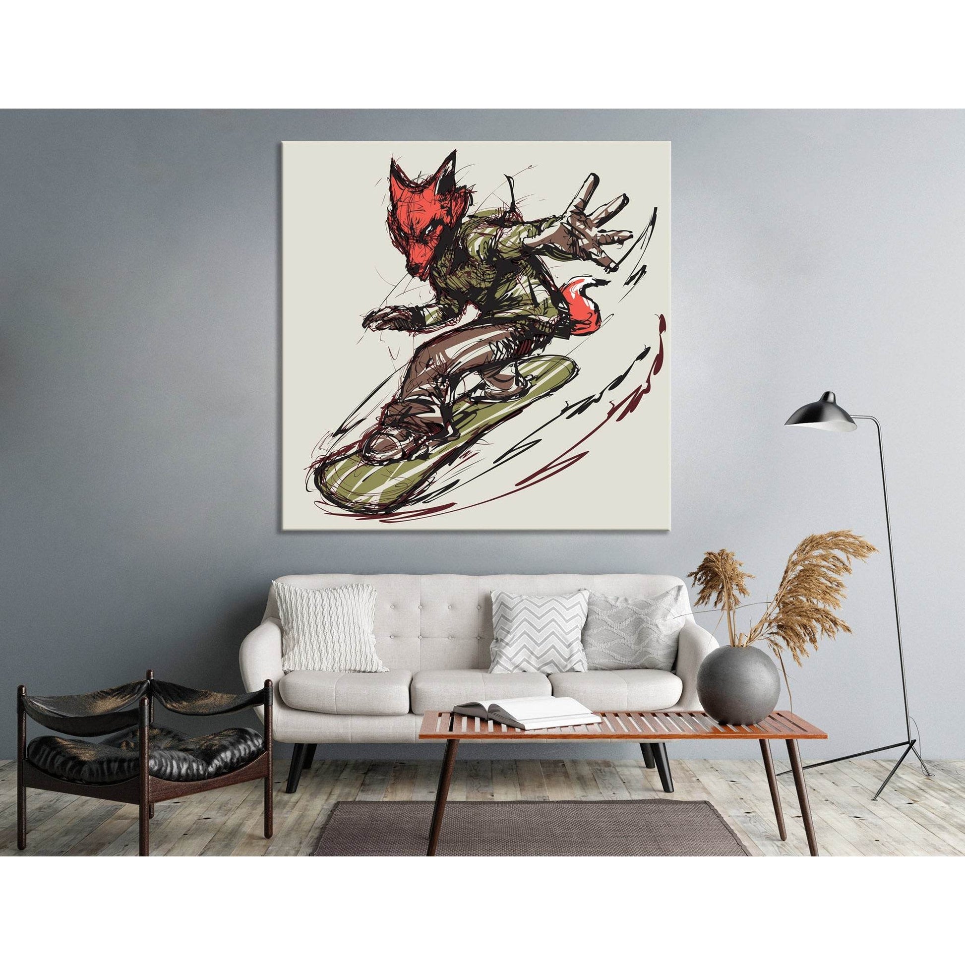 Fox On The Snowboard, Winter Sport №04426 Ready To Hang Canvas Print - Zellart Canvas Prints ALL_Products
