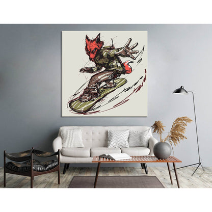 Fox On The Snowboard, Winter Sport №04426 Ready To Hang Canvas Print - Zellart Canvas Prints ALL_Products
