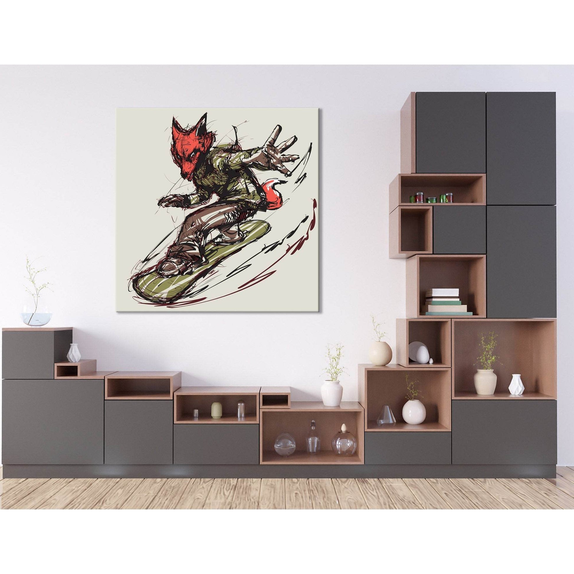 Fox On The Snowboard, Winter Sport №04426 Ready To Hang Canvas Print - Zellart Canvas Prints ALL_Products