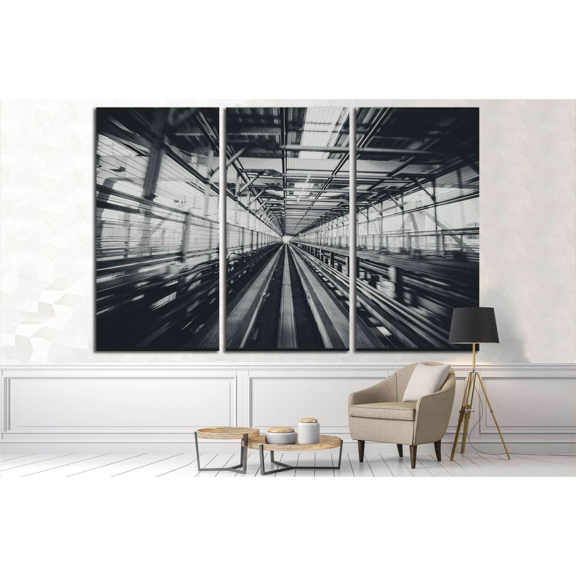 Front view of train moving in city rail tunnel with moderate motion blur in black and white filter №2874 Ready to Hang Canvas PrintCanvas art arrives ready to hang, with hanging accessories included and no additional framing required. Every canvas print i