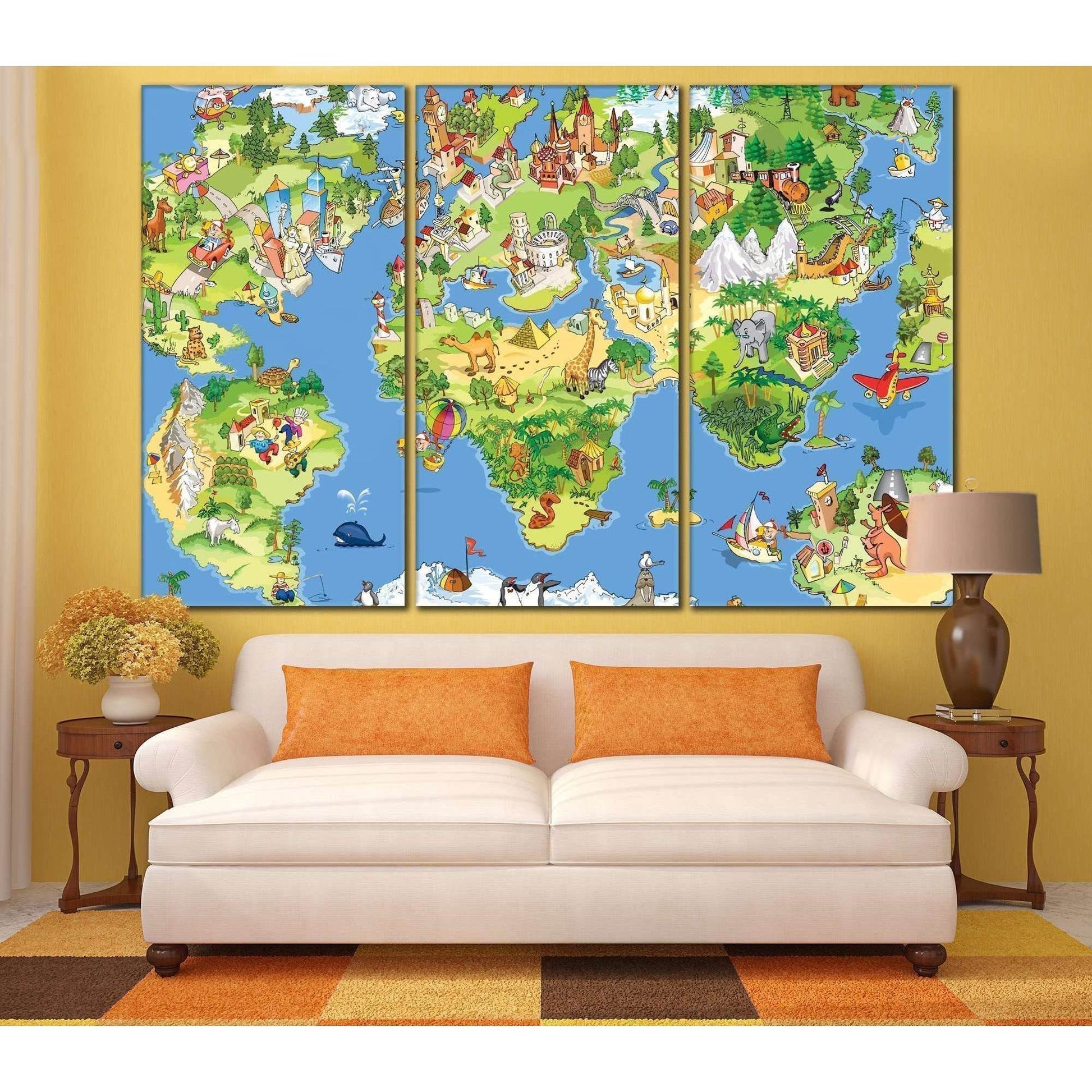 Funny cartoon world map for kids room №795 Ready to Hang Canvas Print - Zellart Canvas Prints ALL_Products, z-795