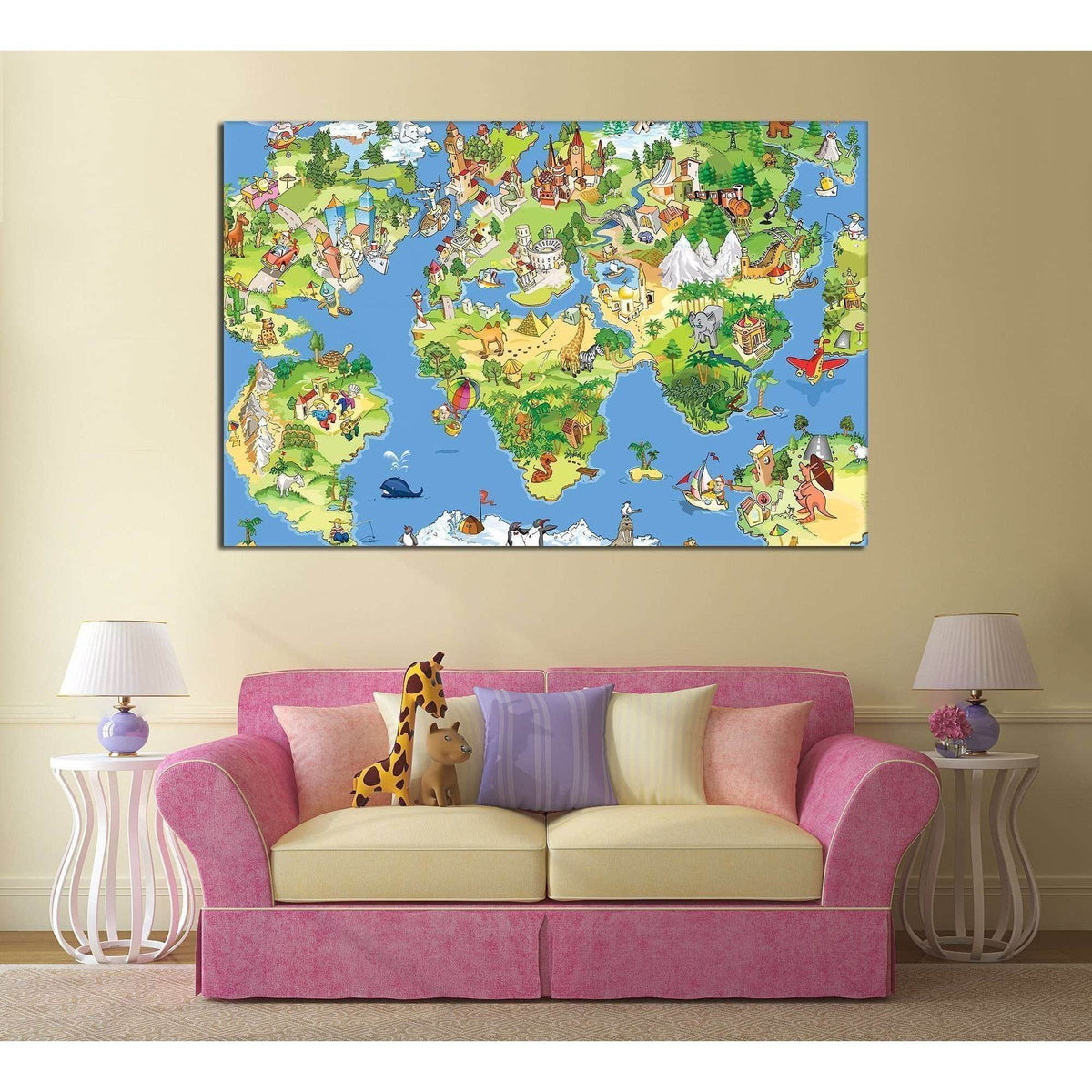 Kids World Map Canvas Print, Colorful Cartoon Nursery Map - Zellart