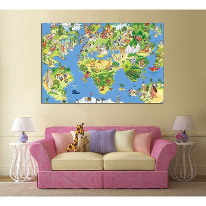 Funny cartoon world map for kids room №795 Ready to Hang Canvas Print - Zellart Canvas Prints ALL_Products, z-795