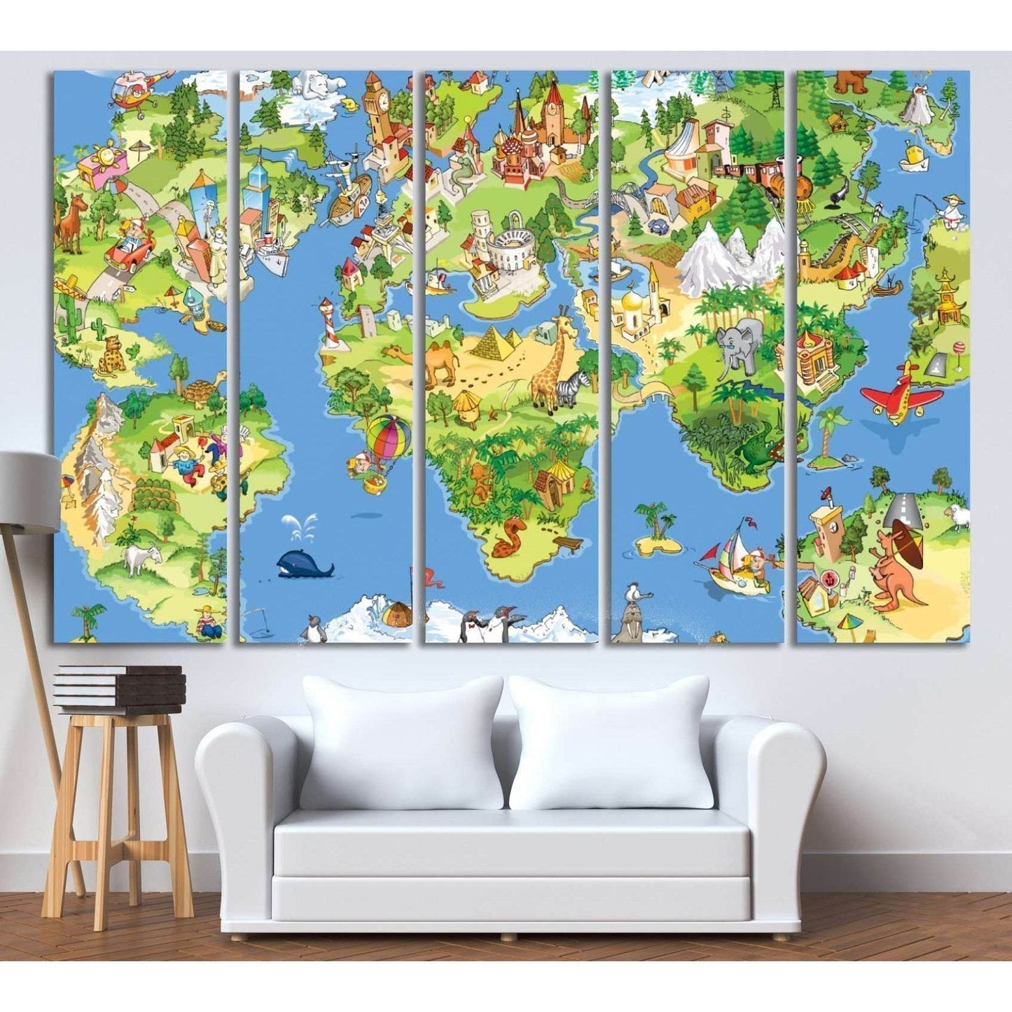 Funny cartoon world map for kids room №795 Ready to Hang Canvas Print - Zellart Canvas Prints ALL_Products, z-795