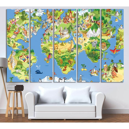 Funny cartoon world map for kids room №795 Ready to Hang Canvas Print - Zellart Canvas Prints ALL_Products, z-795
