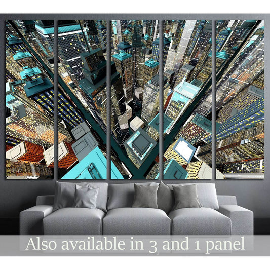 Aerial skyscraper cityscape canvas print in teal and gold tones above a sofa in a modern living room