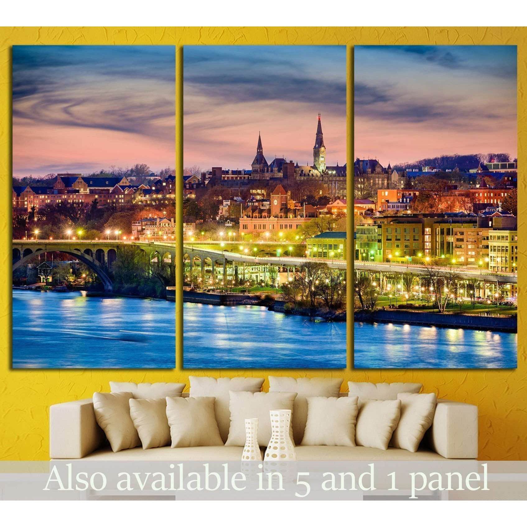 Georgetown DC skyline triptych canvas print above sofa with Potomac River, bridge, and sunset city lights