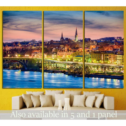 Georgetown DC skyline triptych canvas print above sofa with Potomac River, bridge, and sunset city lights