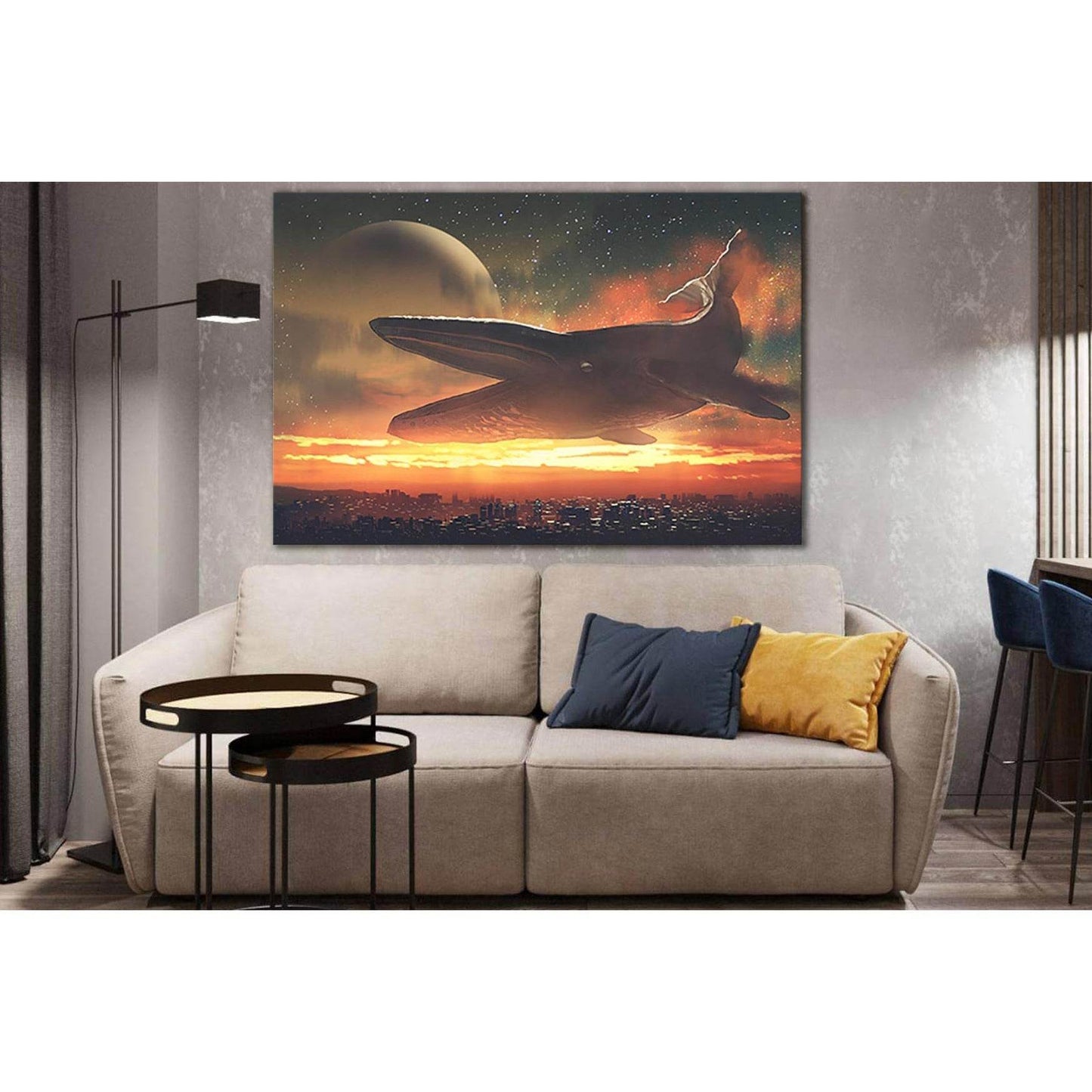 Giant Whale Flying Above City №SL1250 Ready to Hang Canvas Print - Zellart Canvas Prints 0new, ALL_Products, Fantasy And Sci Fi Wall Art, Whale