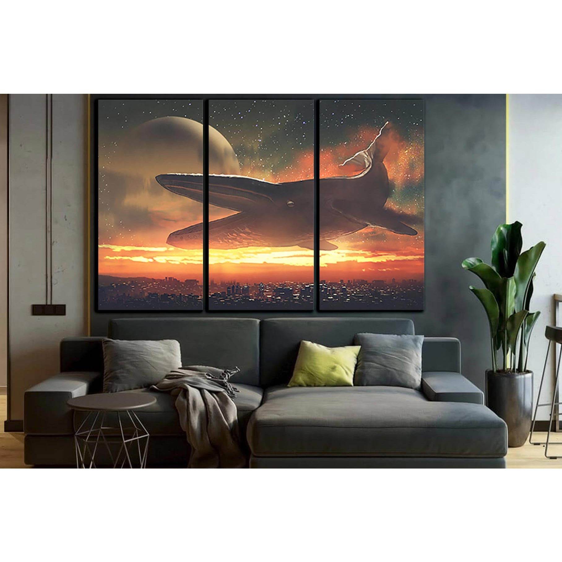 Giant Whale Flying Above City №SL1250 Ready to Hang Canvas Print - Zellart Canvas Prints 0new, ALL_Products, Fantasy And Sci Fi Wall Art, Whale