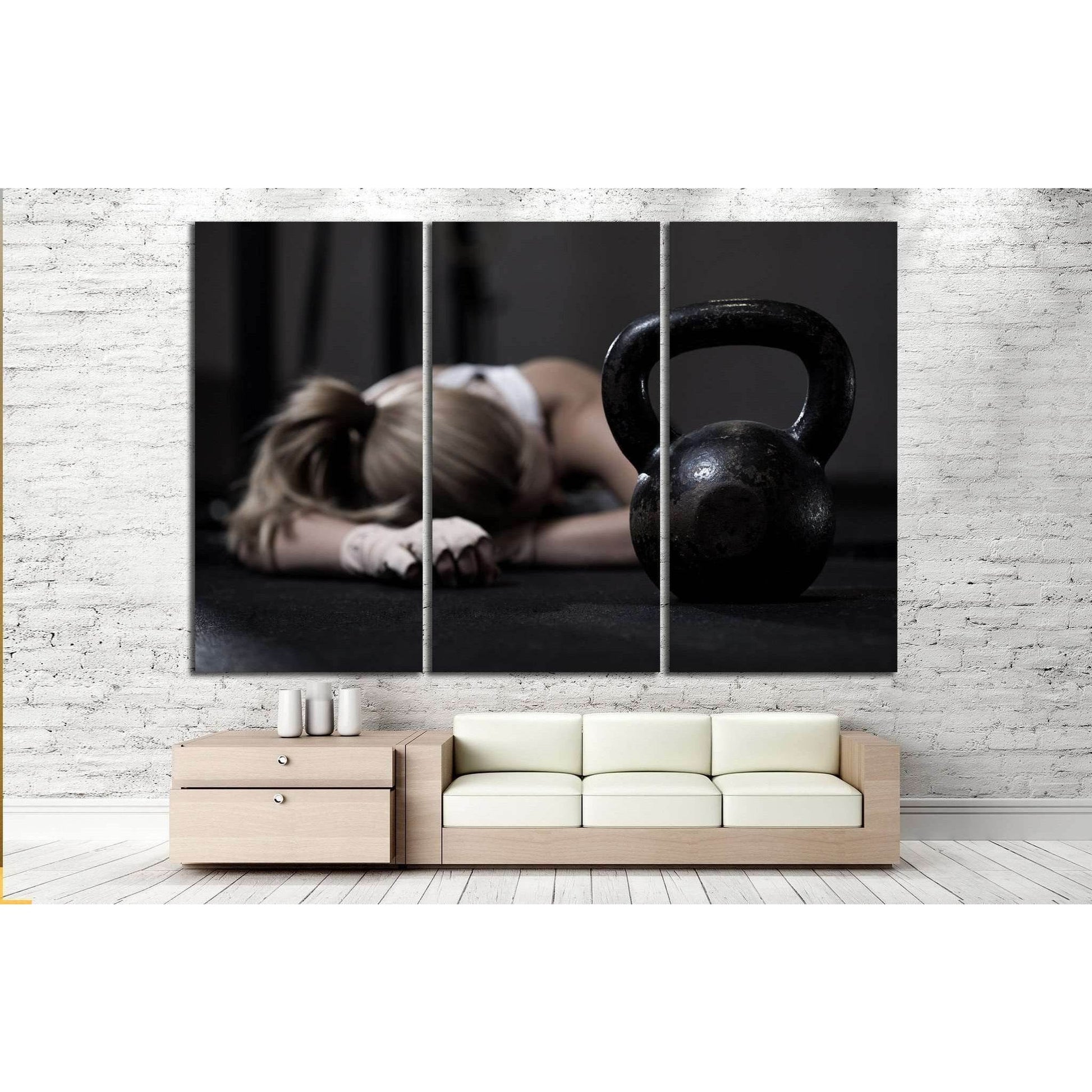 Girl tired after workout with dumbbells №1465 Ready to Hang Canvas Print - Zellart Canvas Prints ALL_Products, s-1465
