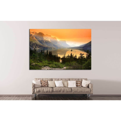 Panoramic Lake Sunset Multi-Canvas for Peaceful Office EnvironmentsThis multi-panel canvas print captures the tranquil beauty of a mountain lake at sunset, with the golden sky reflecting in the still water. The segmented presentation adds a contemporary e