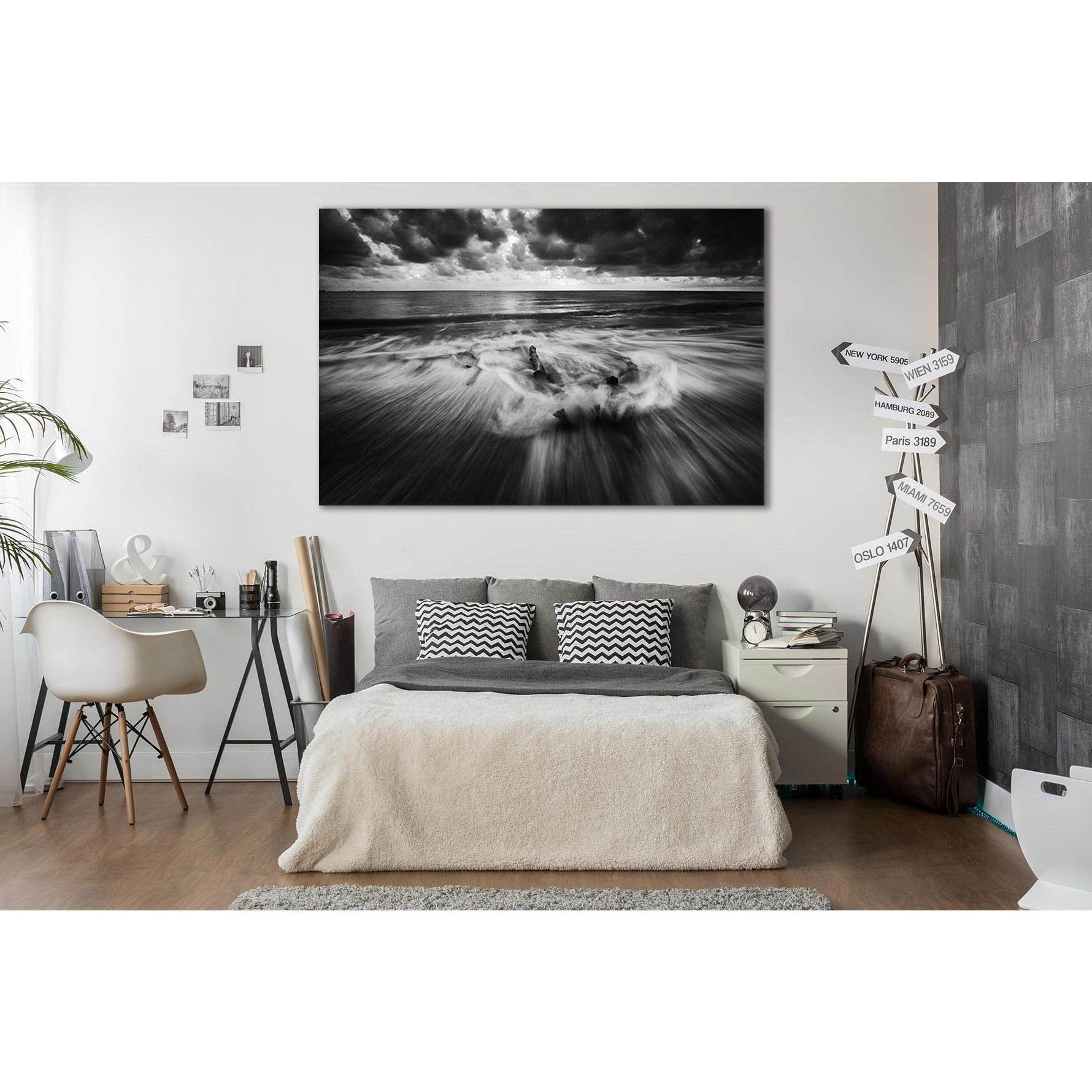 Gray Sky Sea Black And White №SL167 Ready to Hang Canvas Print - Zellart Canvas Prints 0new, ALL_Products, Beach Ocean & Waves