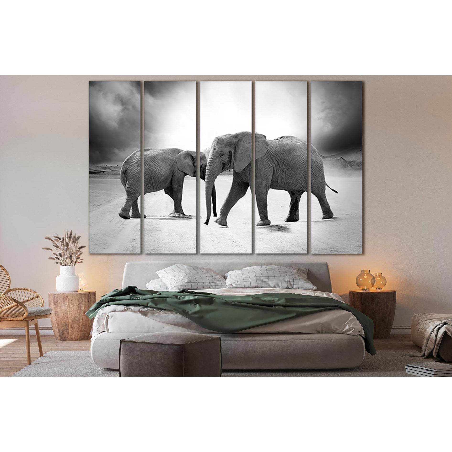 Grayscale Photo Of Two Elephants №SL884 Ready to Hang Canvas Print - Zellart Canvas Prints 0new, ALL_Products, Black & White Wall Art, Elephant