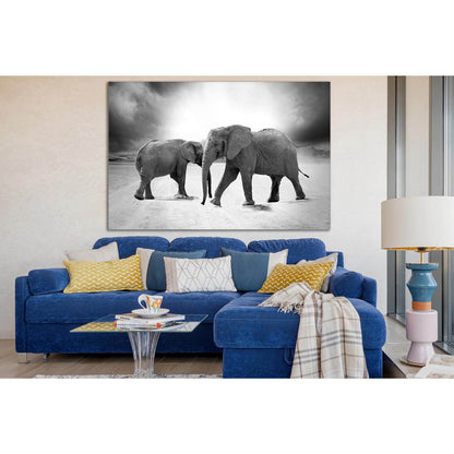 Grayscale Photo Of Two Elephants №SL884 Ready to Hang Canvas Print - Zellart Canvas Prints 0new, ALL_Products, Black & White Wall Art, Elephant