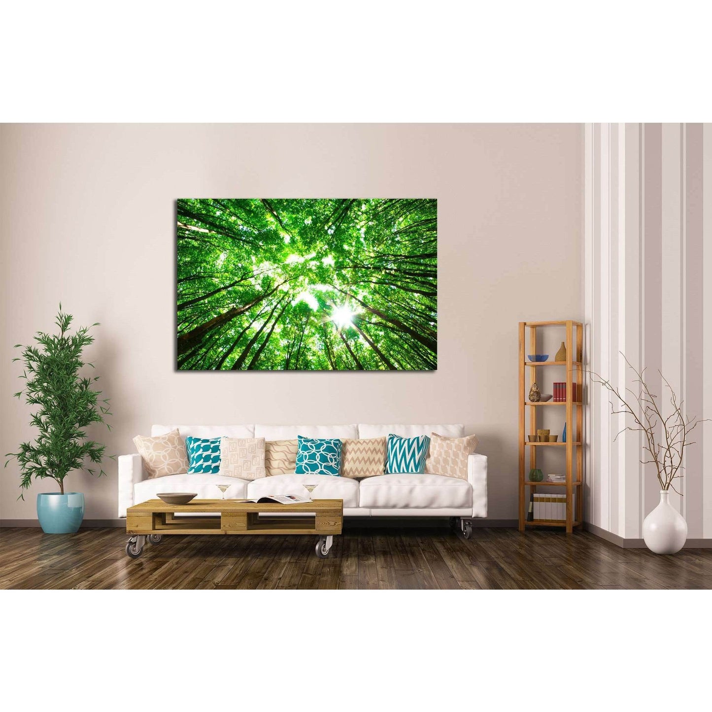 Nature-Inspired Tree Canopy Wall Art for Home InteriorsThis canvas print showcases a vibrant canopy of trees, their leaves a vivid green against the sunlight filtering through. It brings a fresh and lively touch to any space, ideal for offices or homes th