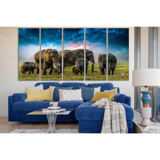 Group Of Elephants In The Field №SL1017 Ready to Hang Canvas Print - Zellart Canvas Prints 0new, ALL_Products, Animals & Wildlife, Elephant