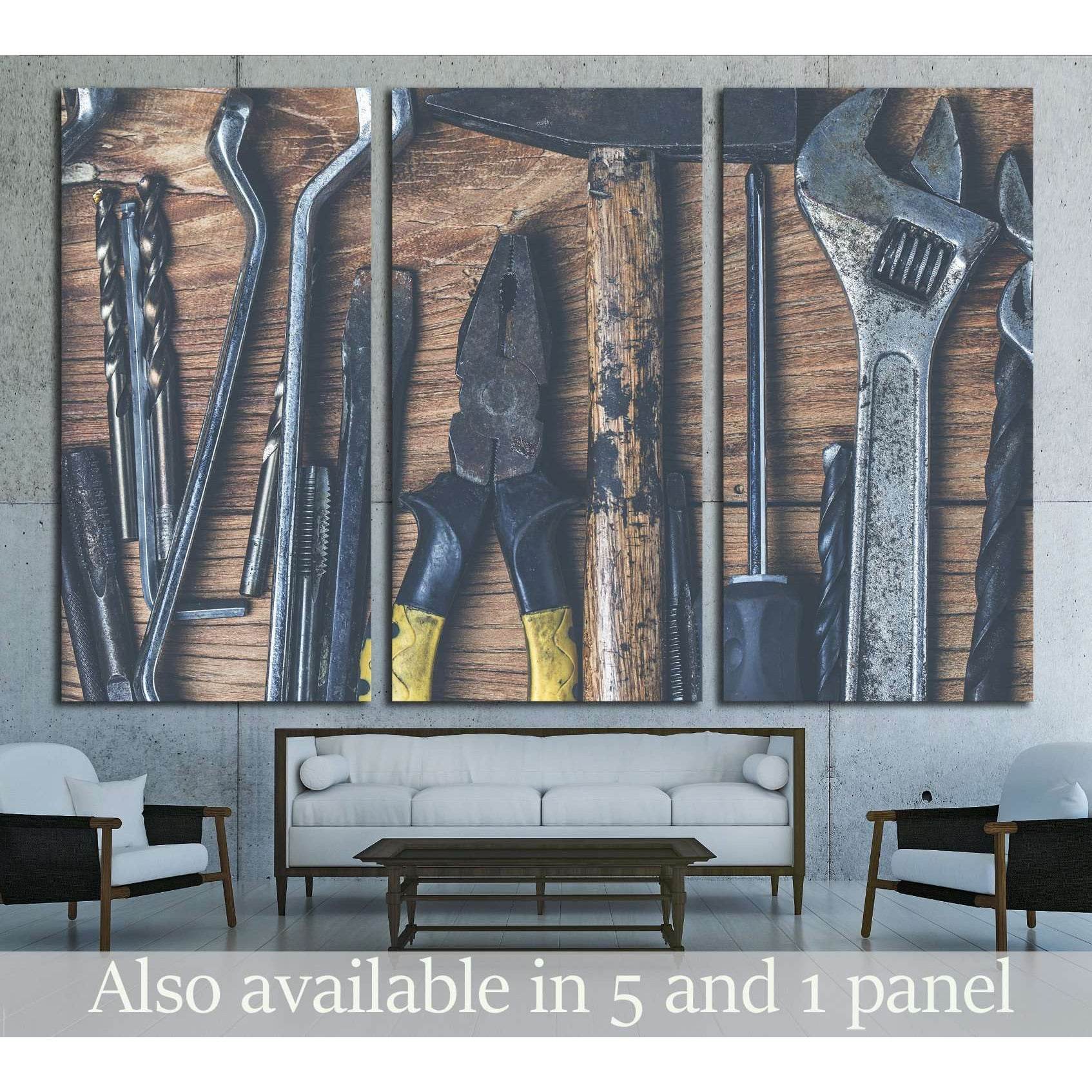 Hand tools on a wooden table in rustic style №1897 Ready to Hang Canvas Print