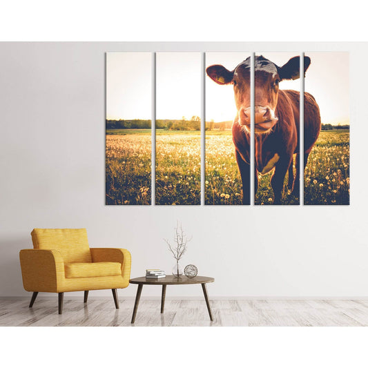 Happy Cow On A Meadow During Sunset №04239 Ready to Hang Canvas Print - Zellart Canvas Prints ALL_Products, Cow