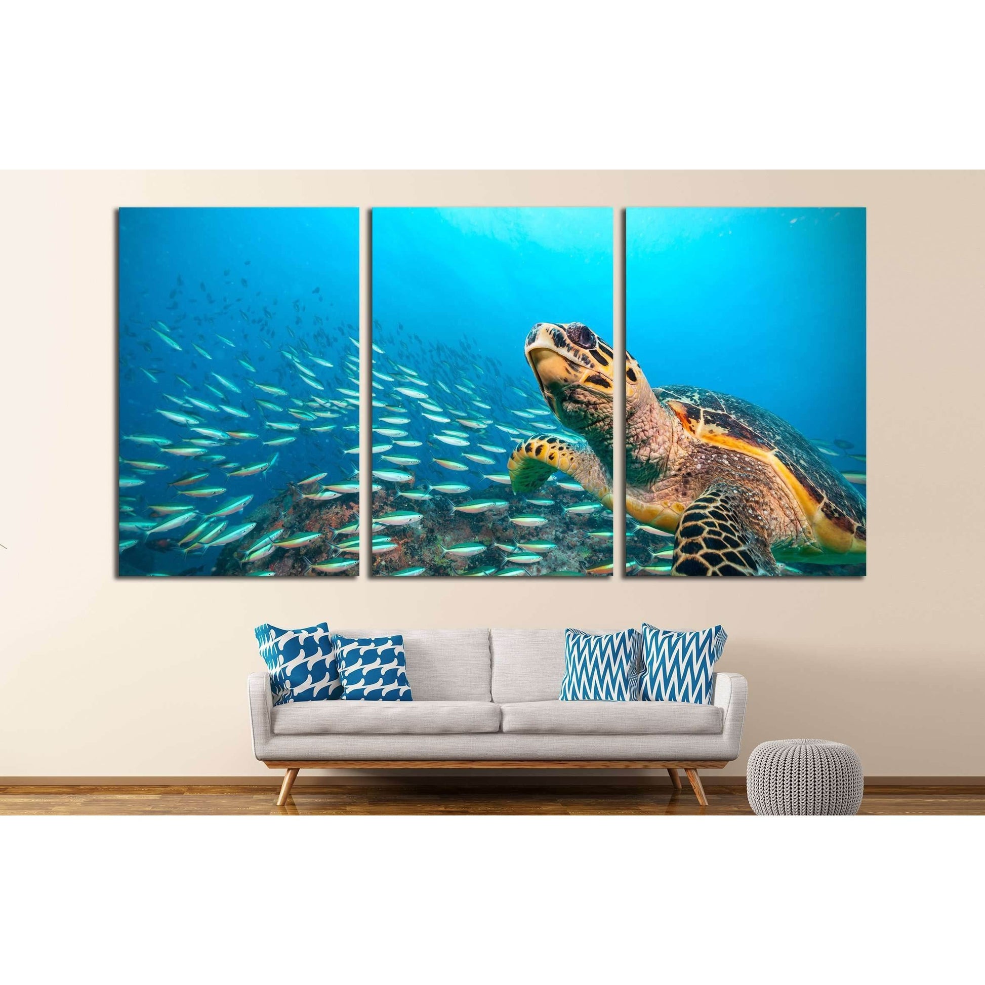 Hawksbill Sea Turtle flowing in Indian ocean, flock of fish on background №2366 Ready to Hang Canvas PrintCanvas art arrives ready to hang, with hanging accessories included and no additional framing required. Every canvas print is hand-crafted, made on-d
