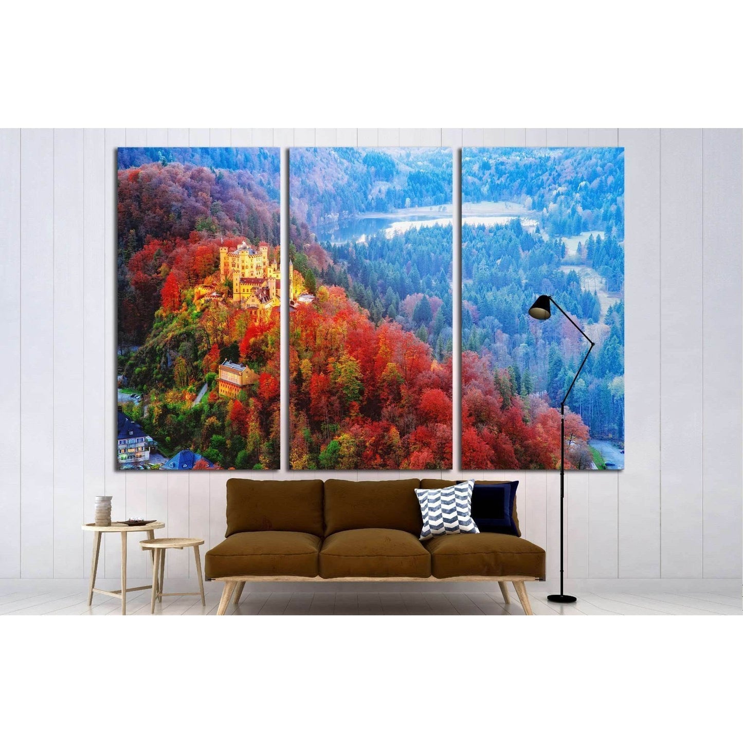 Hohenschwangau castle, Germany, Bavaria region №1811 Ready to Hang Canvas PrintThis canvas print showcases a vibrant autumnal landscape with a majestic castle nestled among richly hued trees. The warm reds and oranges of the foliage create a striking cont