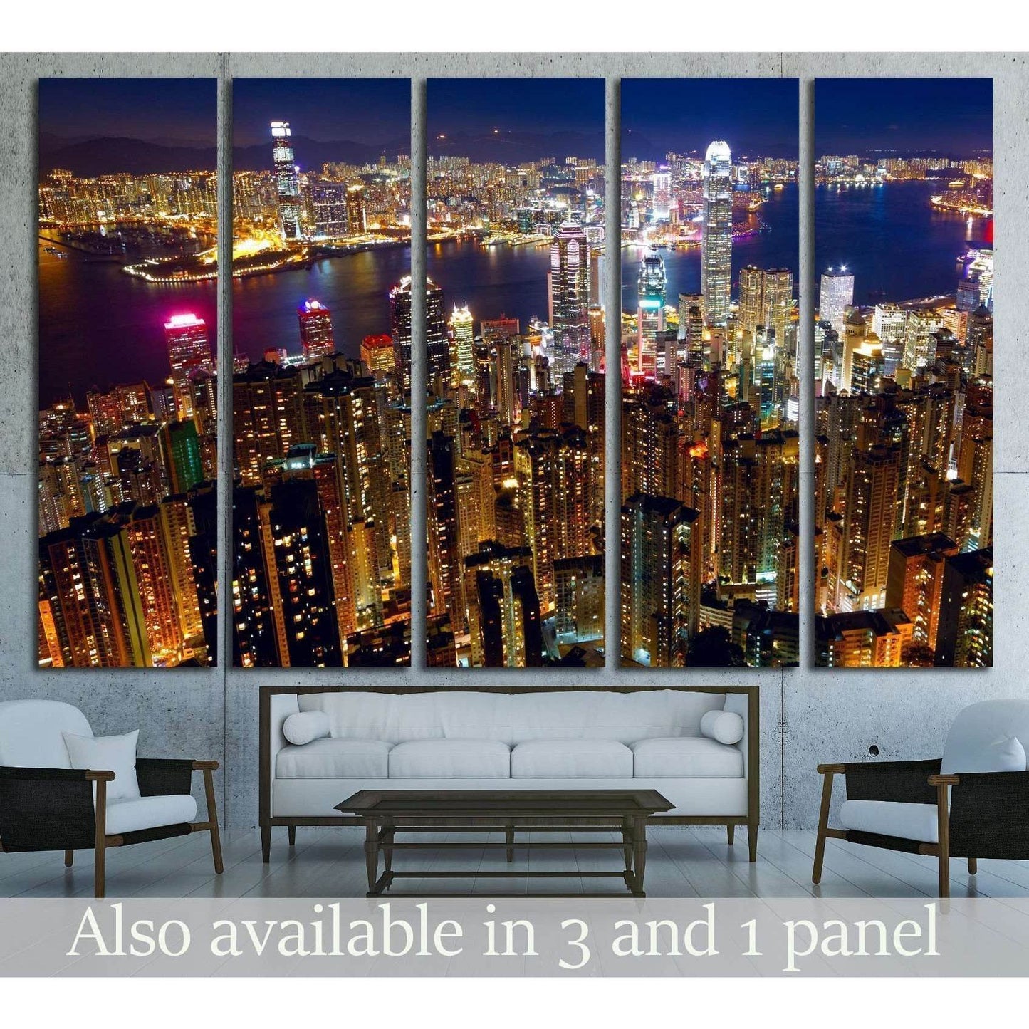 Five-panel Hong Kong skyline canvas print above sofa with Victoria Harbour at night