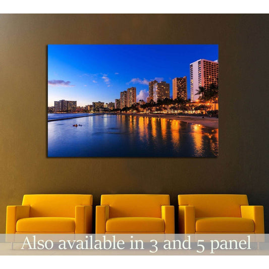 Honolulu skyline and Waikiki beach at twilight, Hawaii. USA №2301 Ready to Hang Canvas Print - Zellart Canvas Prints ALL_Products, s-2301